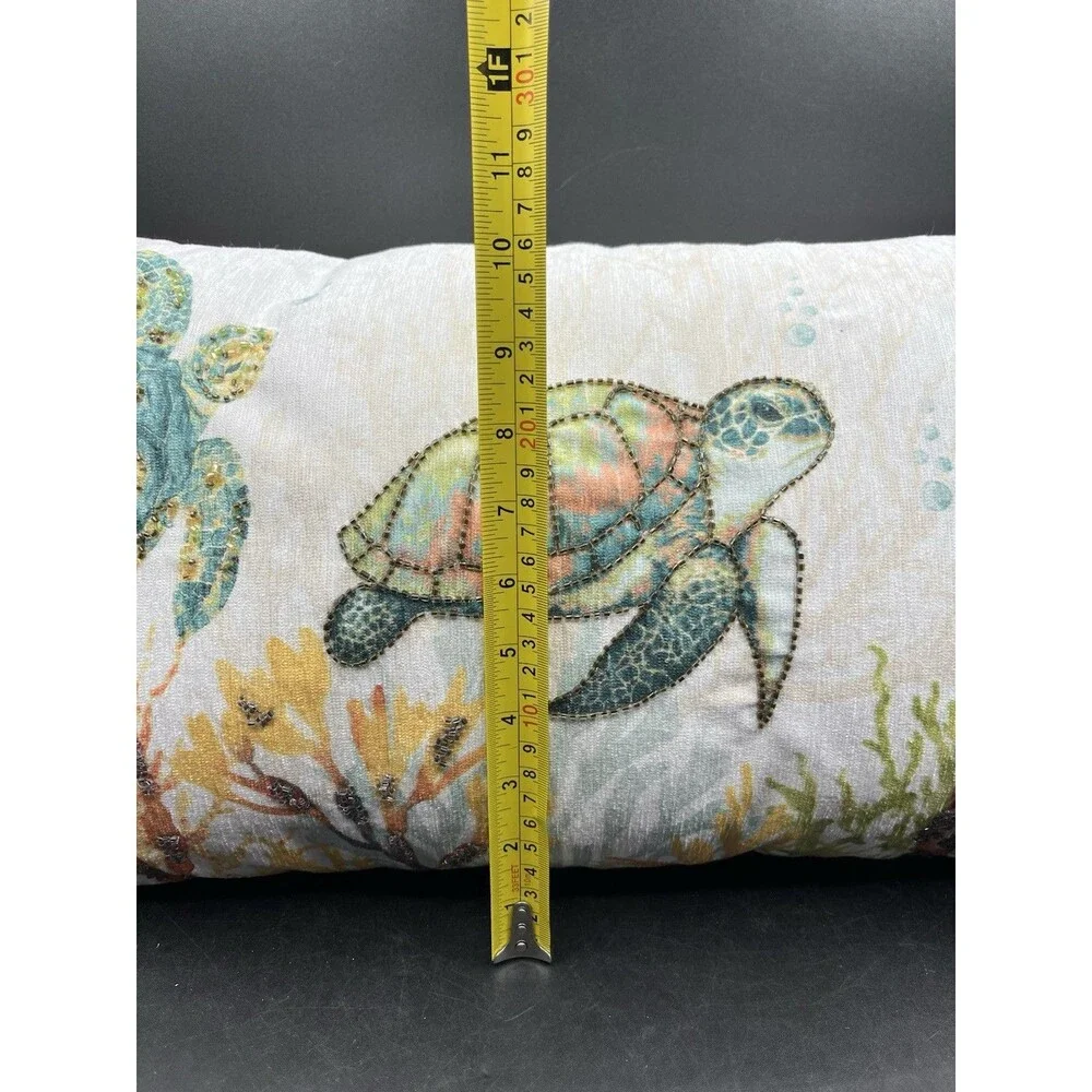 Coastal Collection Nautical Beach Beaded Pillow 14x24 Green Sea Turtle Coral